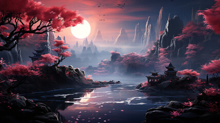 Fototapeta premium Fantasy misty landscape with a pond and flowers