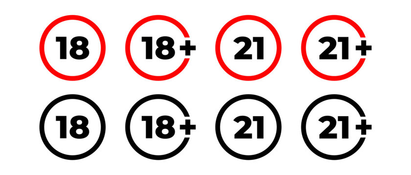 Warnings minors 18 years vector icon set. Adult only badges. Adult content symbol
