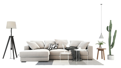 Interior furniture set 3D render. Living room house floor template background mockup design , isolated on transparent background.