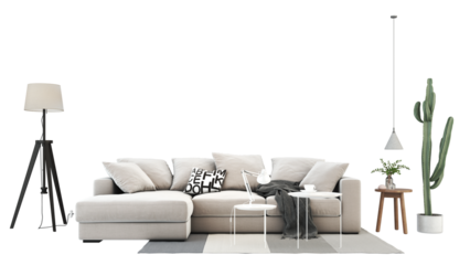 Interior furniture set 3D render. Living room house floor template background mockup design , isolated on transparent background.