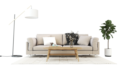 Interior furniture set 3D render. Living room house floor template background mockup design , isolated on transparent background.