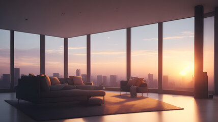 超高層ビルの最上階にあるミニマルな部屋、夕日｜Minimalist room on top floor of skyscraper, sunset. Generative AI