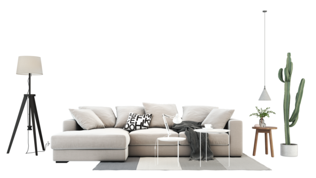 Interior furniture set 3D render. Living room house floor template background mockup design , isolated on transparent background.