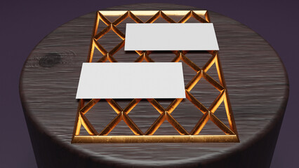 Business cards on a golden grille and a cylindrical body, 3D rendering, in luxurious colors
