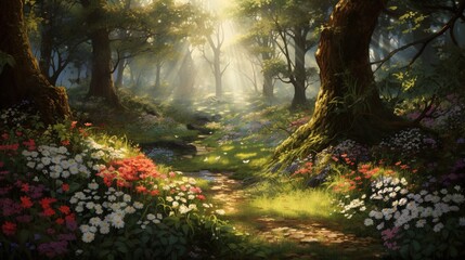  a painting of a path through a forest with lots of flowers.  generative ai