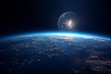 Naklejka na ściany i meble Big Planet and Moon Satellite in Dark Space Sky View