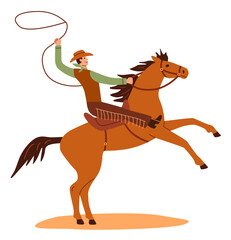 Wild west horseman on horse back with lasso in hand. Western cowboy in hat riding horseback. American rodeo season