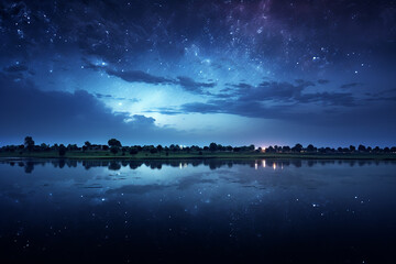 Night Sky Cloud Stars Galaxy Landscape with Reflection on Lake Water