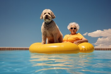 A relaxed senior woman with her Labradoodle swimming on a yellow float in a blue pool under the clear sky, breaking ageist stereotypes, enjoying her golden years with her pet