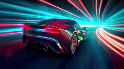 Naklejka premium Futuristic sportcar on neon highway by Generative AI