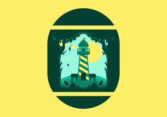 Colorful flat illustration of lighthouse in the forest