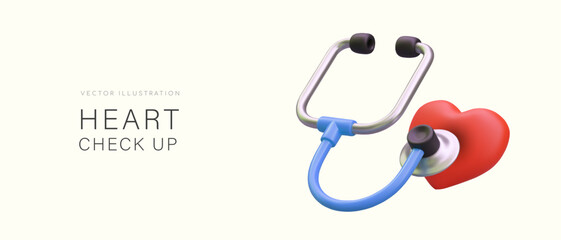 3d stethoscope and realistic heart. Web poster for department of cardiology. Medical equipment concept. Heart check up in hospital concept. Vector illustration with place for text