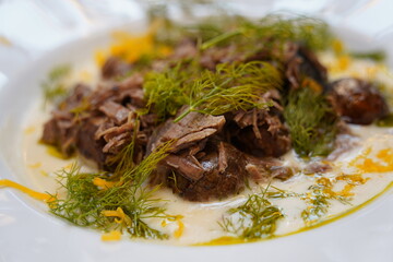 Traditional czech food: Creamy dill sauce (koprovka)and boiled beef