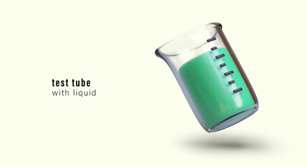 Realistic beaker with liquid. Laboratory glass cylinder with measuring scale. Utensils with spout for convenient pouring. Horizontal poster with space for text