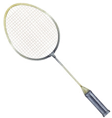 Badminton racket watercolor illustration. Hand drawn and isolated on a white background. Athletic lifestyle, sport design.