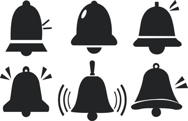 Set of black and white ringing bell icons and notification bell alert icons. Ringing bell silhouettes. Notification bell silhouettes. Vector Illustration.