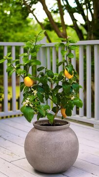 potted meyer lemon tree on the patio. home citrus cultivation. decorative plants