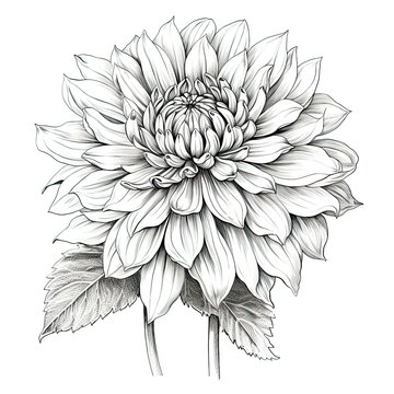Black and white dahlia flower drawing illustration with line art on white backgrounds. Generative AI