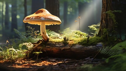 Fototapeta premium a mushroom sitting on top of a tree stump in a forest. generative ai