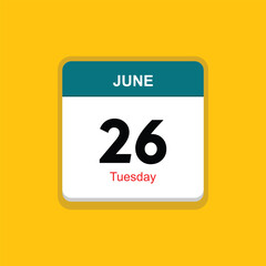 tuesday 26 june icon with yellow background, calender icon