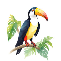 Toucan in cartoon style. Cute Little Cartoon Toucan isolated on white background. Watercolor drawing, hand-drawn Toucan in watercolor. For children's books, for cards, Children's illustration.
