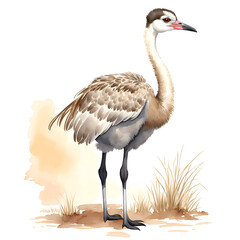 Obraz premium Ostrich bird in cartoon style. Cute Little Cartoon Ostrich bird isolated on white background. Watercolor drawing, hand-drawn Ostrich bird in watercolor. For children's books, for cards, 