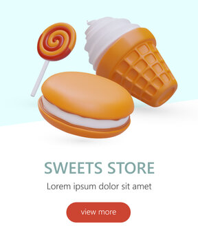 Candy, cookie, ice cream shop. Various types of sweets. Vertical template on colored background. Web design concept in cartoon style. View more button