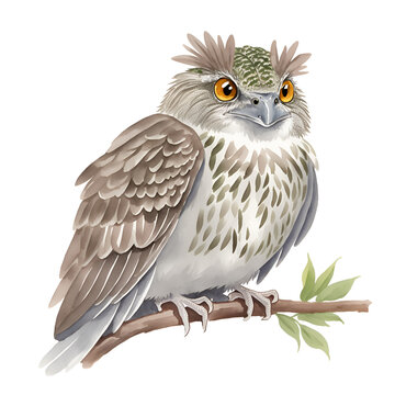 frogmouth (Owl) in cartoon style. Cute Little Cartoon frogmouth isolated on white background. Watercolor drawing, hand-drawn frogmouth in watercolor. For children's books, for cards, 