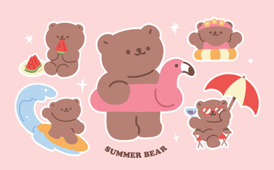 Cute teddy bear illustration doodle set for summer vacation