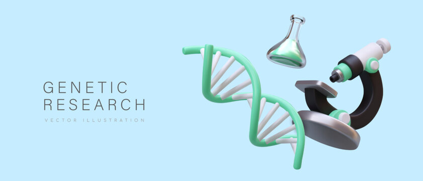 Realistic 3d microscope provide research, tests in laboratory. Genetic research concept. Equipment for medical needs. Vector colorful illustration with place for text