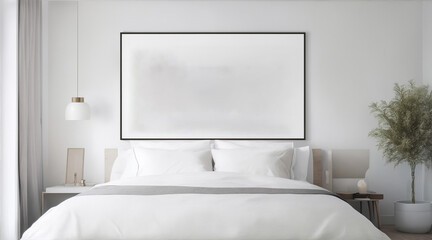 Square canvas framed on bedroom. Generative AI.