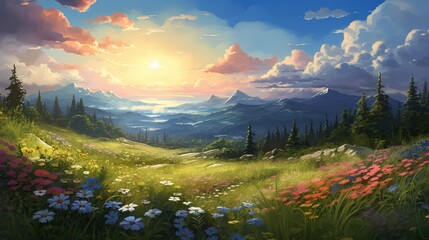  a painting of a beautiful landscape with flowers and mountains in the background.  generative ai