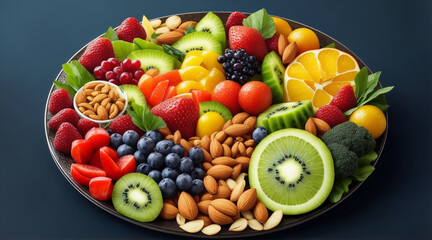 Naklejka na ściany i meble Platter of fresh fruits vegetables and nuts. Generative AI.