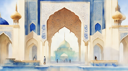 The majesty of islamic art through watercolor painting. Generative AI.