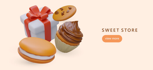 Confectionery, sweets shop. Delicious desserts for party. Daily sweet snacks. Sugary fast food. 3D cookies and cupcakes, gift box. Concept for web advertising
