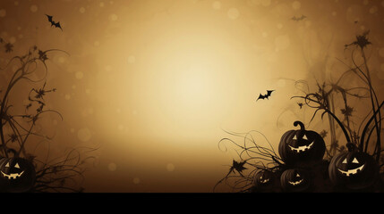 AI generated. Simple Halloween background with pumpkins and plants at both sides. Bats are flying in the air. Copy space available in the centre of the image.