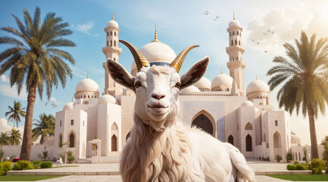 Goat in front of beauty mosque with palm tree Eid Al Adha backgr