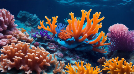 Fototapeta na wymiar A vibrant nudibranch crawling on a coral reef. Generative AI.