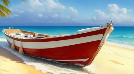 Naklejka na ściany i meble Boat on Beach oil painting wallpaper background landscape boating. Generative AI.