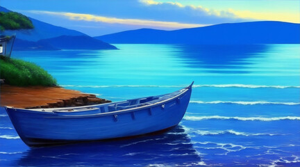 Naklejka na ściany i meble Boat on the ocean painting wallpaper background landscape boating. Generative AI.