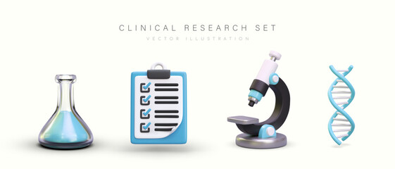 Realistic explorer accessories. Items for conducting laboratory observations. Set of isolated vector images. Triangular flask with blue liquid, clipboard, microscope, DNA helix