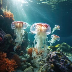 Underwater Scene - Tropical Seabed With Reef And Sunshine, beautiful jellyfish