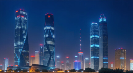 Night illuminates modern Beijing skyline steel skyscrapers reflect. Generative AI.