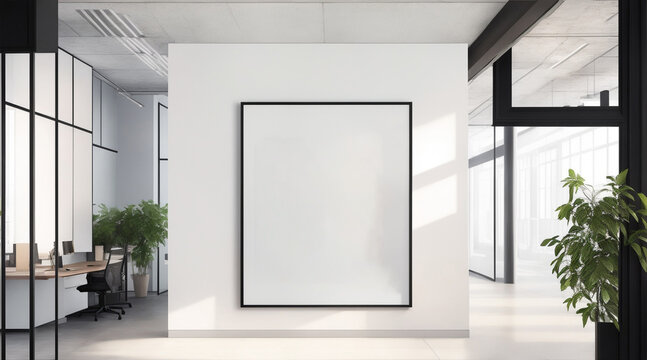 Square canvas framed on office. Generative AI.