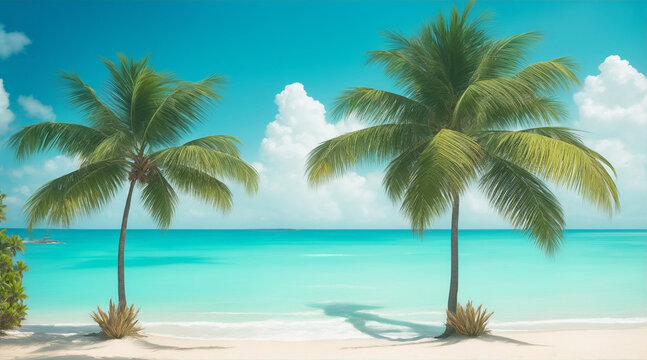 Two palms are on a beach the ocean in the style of serene oceanic vistas. Generative AI. © BornHappy