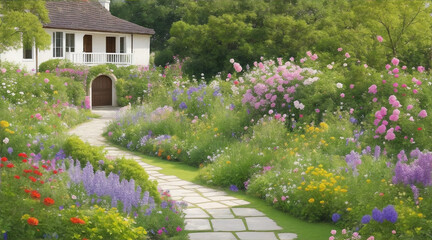 A path through a garden with flowers and a house in the background. Generative AI.