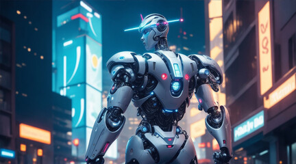 Futuristic cyborg with robotic arm stands illuminated in modern city. Generative AI.
