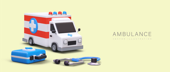 3d realistic ambulance and first aid kit for help people. Ambulance items concept. Healthcare and medicine concept. Vector illustration in blue and red colors