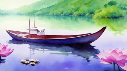 Fototapeta premium Boat on the lotus lake watercolor oil painting wallpaper background landscape boating wallpaper. Generative AI.