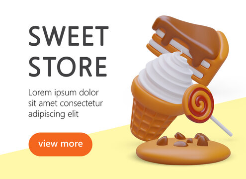 Square poster with 3D image and text. Advertisement of confectionery. Color concept for cooking courses, baking lessons. Sweet shop. Warm and cold desserts